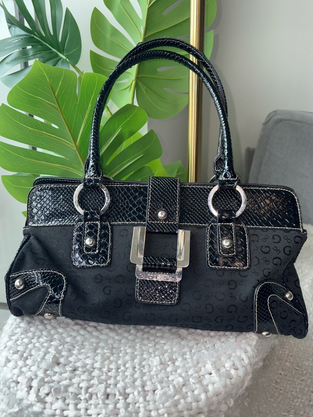 Vintage Y2K GUESS Black Monogram Croc Buckle Satchel Shoulder Bag Purse McBling